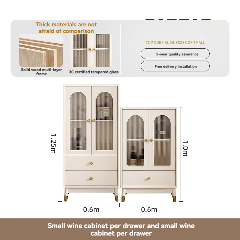 [Pre-order] Oulang Cream style living room, solid wood wine cabinet, display cabinet, integrated against the wall, simple modern glass sideboard, storage cabinet-Smart-Living