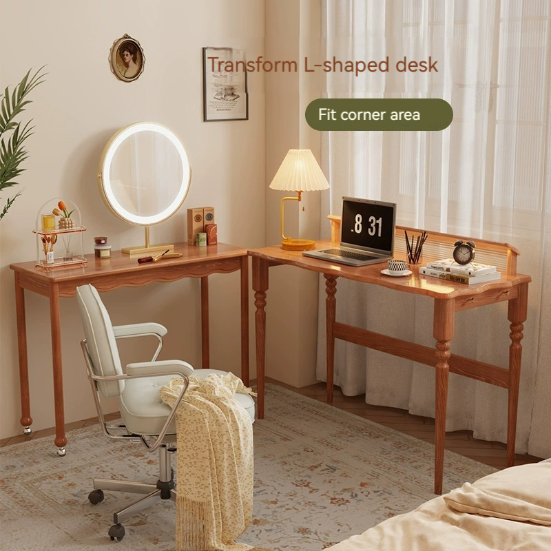 [Pre-order]  Solid wood vintage desk double-layer combination, small study, telescopic desk, dressing table integrated multi-functional, movable-Smart-Living