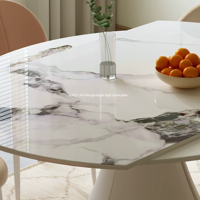 [Pre-order]  Cream style slate dining table simple modern small apartment telescopic round table living room rotating light luxury dining table and chair combination-Smart-Living