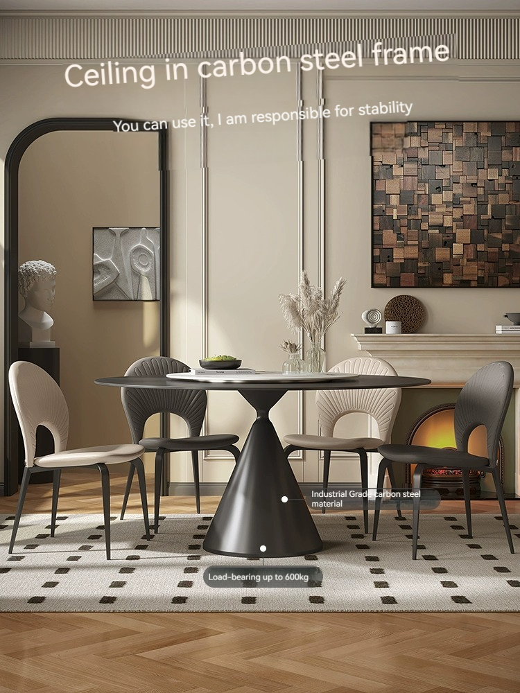 [Pre-order] Italian dining table and chair combination modern simple with turntable round table small apartment eating table light luxury matte rock plate table-Smart-Living