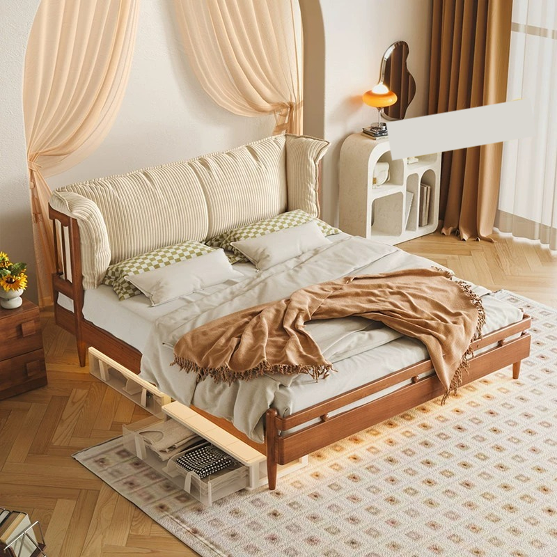 [Pre-order]  French Windsor solid wood bed cream style furniture small apartment vintage boxwood master bedroom 1 .8M upholstered double bed-Smart-Living