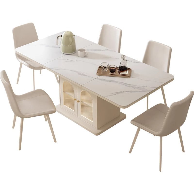[Pre-order] Oulang Cream style folding dining table, simple modern home slate dining table, island cabinet, integrated dining room, intelligent storage dining table-Smart-Living