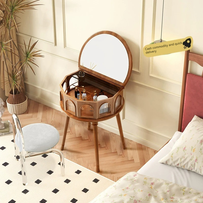 [Pre-order]  American style solid wood dresser, small flip dresser, vintage bedroom, small semi-circular corner dressing table-Smart-Living