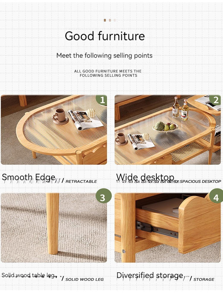 [Pre-order] Solid wood coffee table living room rattan log color tea table Japanese style home small apartment simple modern glass table-Smart-Living
