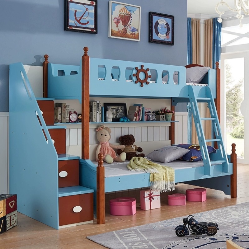 [Pre-order]  High and low bed children's bunk bed adult small apartment double bed staggered two-layer multi-functional blue bunk bed-Smart-Living