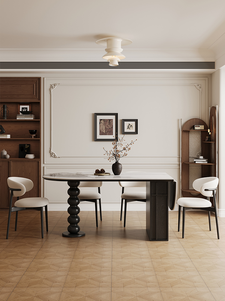 [Pre oeder-Showroom] -Travertine Stone Slab Dining Table - Mid-Century French Retro Style Oval Foldable Wall-Mounted Home Dining Desk for Compact Spaces