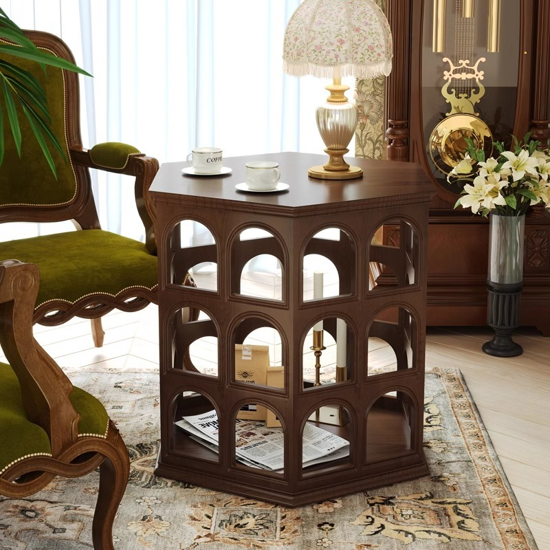 [pre order]French vintage solid wood round arch coffee table, cut-out side table, hexagonal sofa side table-Smart-Living
