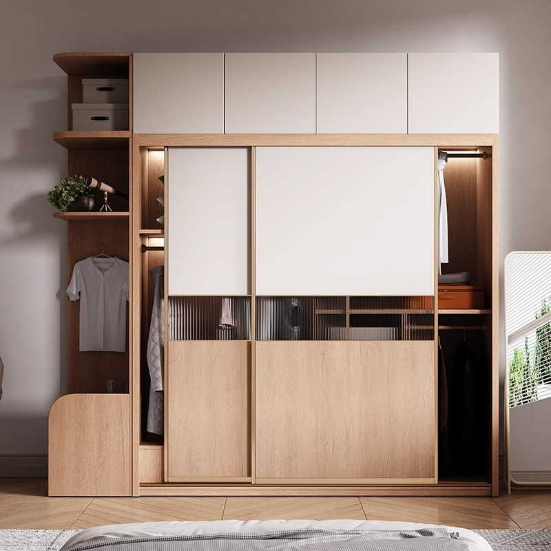 [Pre-order]  Sliding door wardrobe bedroom home modern simple small flat original wood color matching trip moving door wooden finished wardrobe-Smart-Living