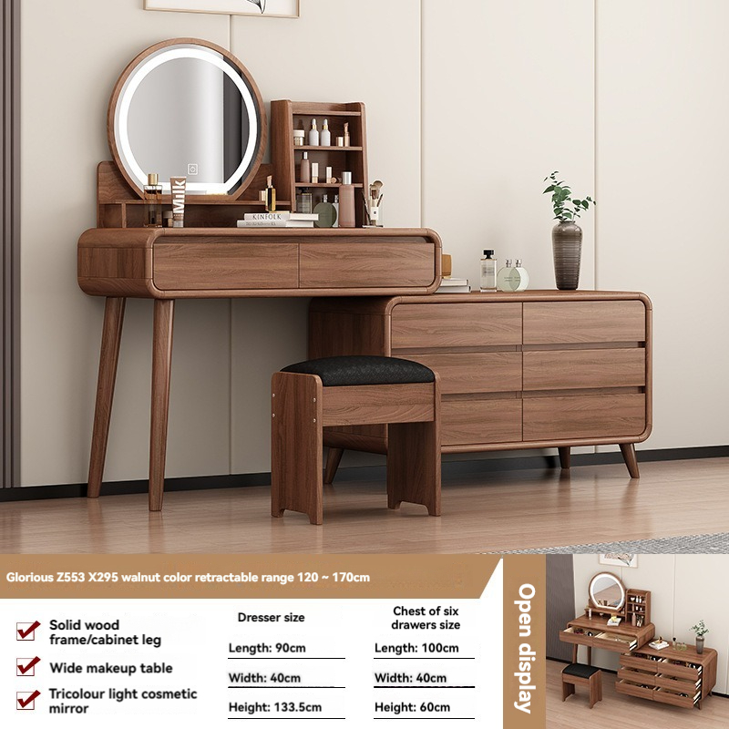 【pre order】Solid wood color dresser, bedroom modern minimalist retractable makeup table, multi-functiona-Smart-Living
