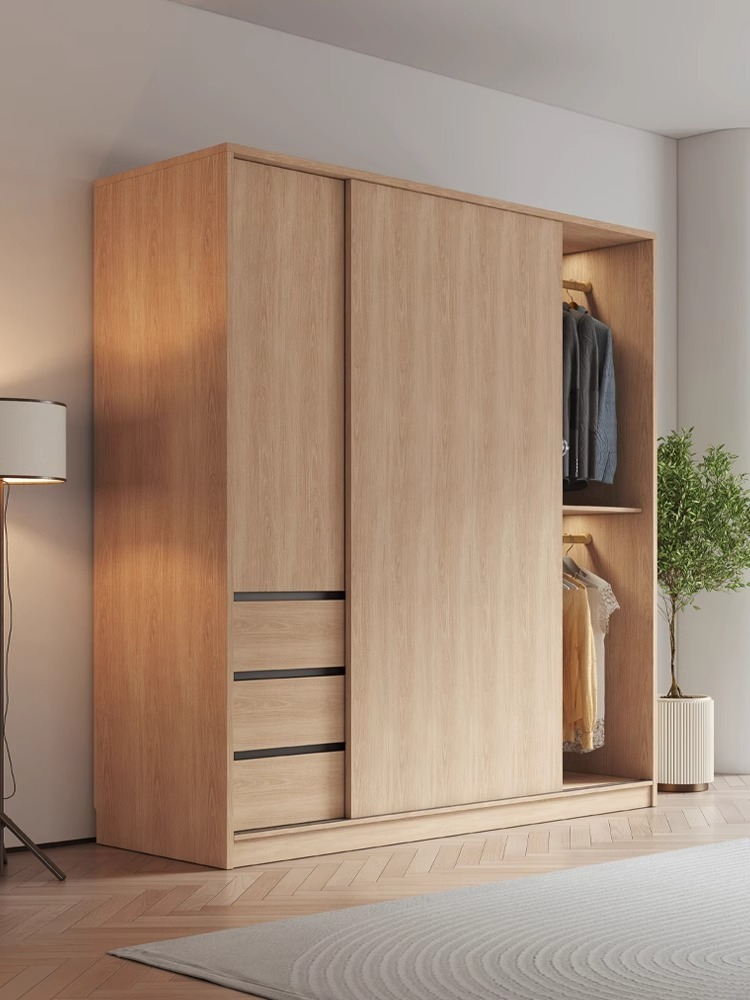 【Showroom】Simple modern log wind sliding door wardrobe Home bedroom small unit cabinet rental room with sliding door wardrobe-Smart-Living