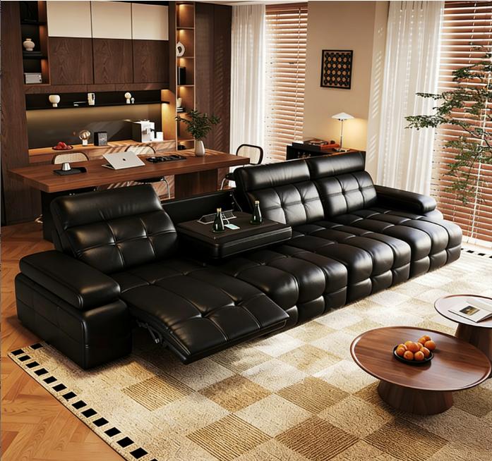pre order Black Leather Reclining Sectional Sofa – L-Shaped with Cup Holder Table
