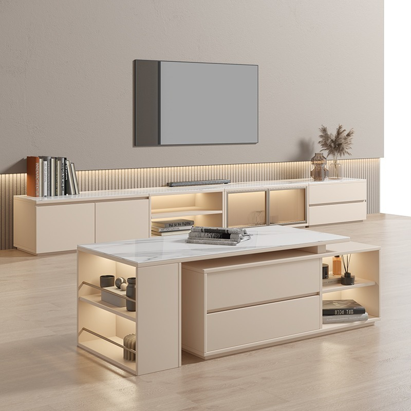 [Pre-order]French TV Cabinet and Tea Table Combination Modern Simple Home Living Room Solid Wood Cream Wind Storage Floor Cabinet TV Stand-Smart-Living