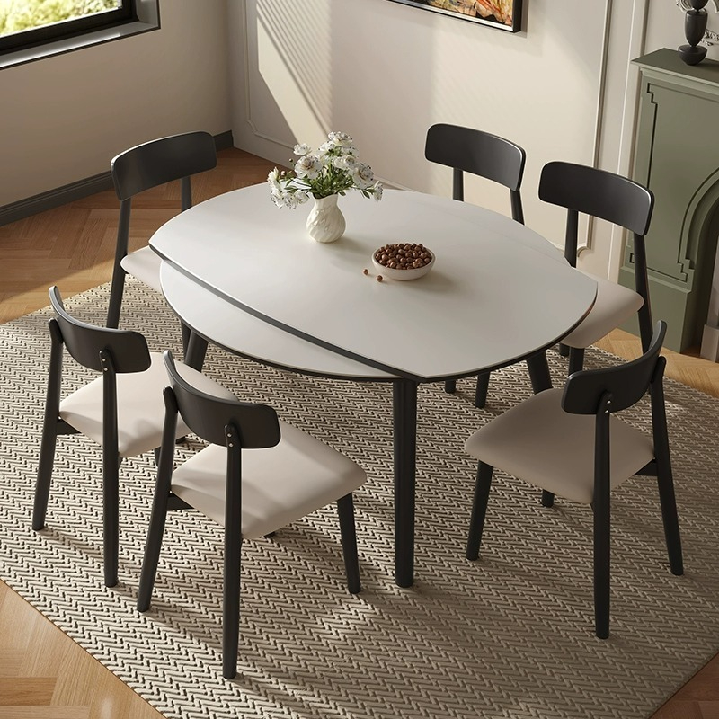 [Pre-order]  Solid wood dining table: modern simple telescopic dining table and chair combination, variable round table, square and round dual-purpose bright stone slate dining table-Smart-Living