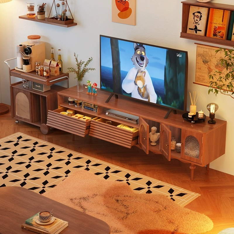 [Pre-order]  Solid wood TV cabinet combination French retro living room, boxwood household storage cabinet, glass door storage cabinet in one-Smart-Living
