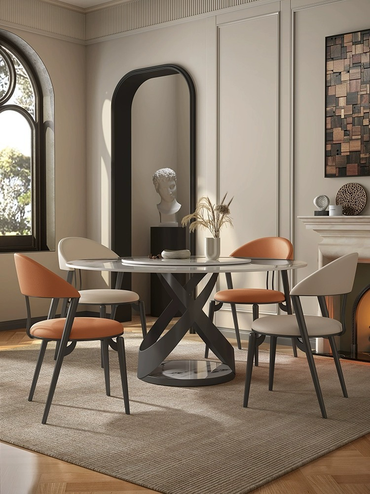[Pre-order] Table light luxury modern simple small family table with turntable dining table and chair combination light rock plate round table-Smart-Living
