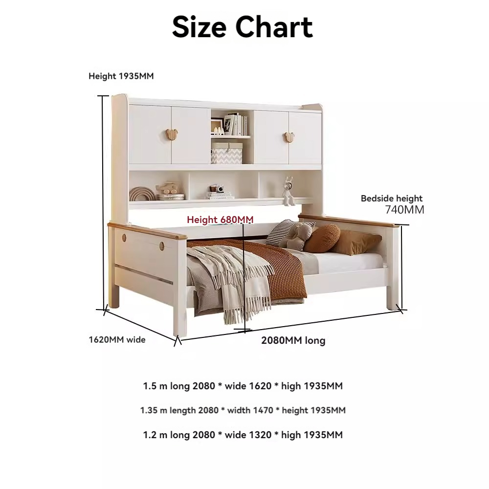 Cream style children's solid wood wardrobe bed white 1.2m 1.35m 1.5m men's and girls' bedroom bookshelf combination bed-Smart-Living