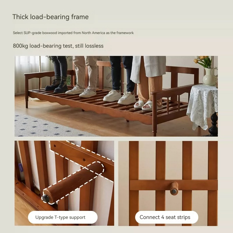 [Pre-order]  French solid wood sofa, vintage fabric cloud, three-seater small house, American log antique cream inline sofa-Smart-Living