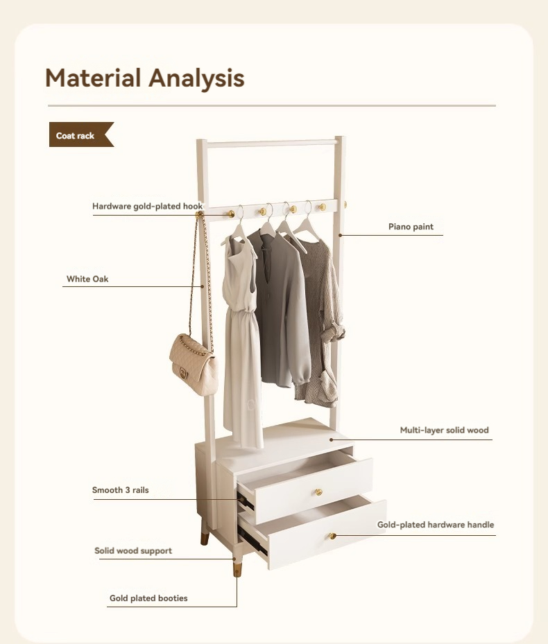 [Pre-order] Oulang 2024 solid wood cream style floor standing multifunctional coat rack, simple and modern home bedroom hanging clothes rack storage-Smart-Living