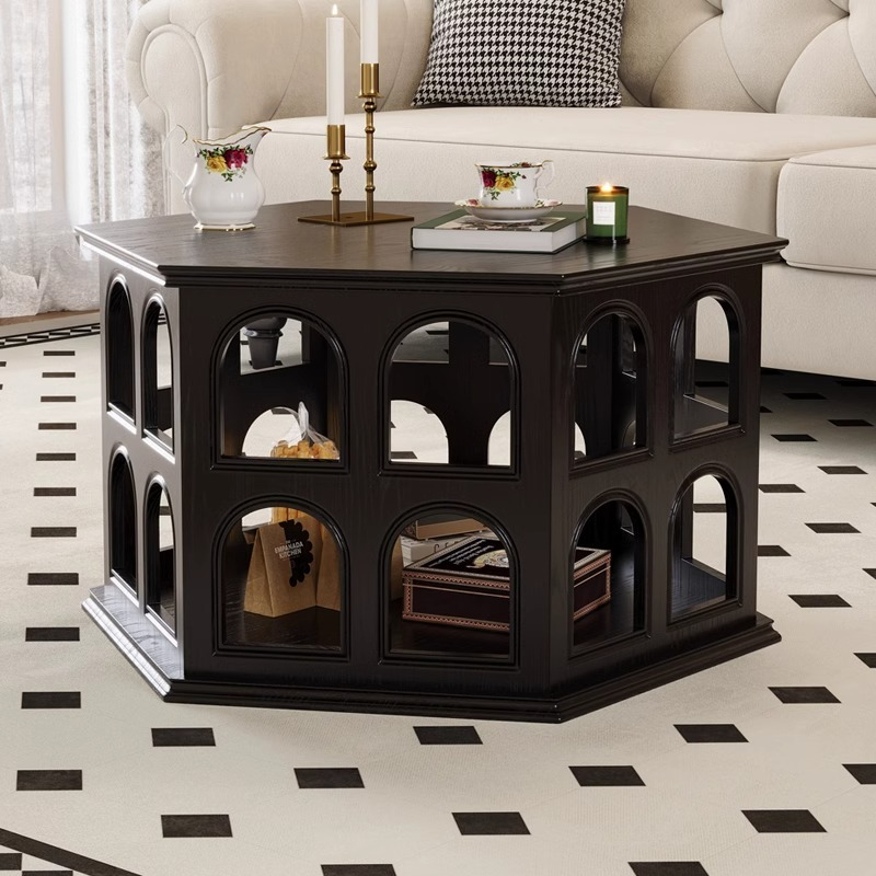 [pre order]French vintage solid wood coffee table, hexagonal openwork, antique tea table, wooden black round arch sofa side table-Smart-Living