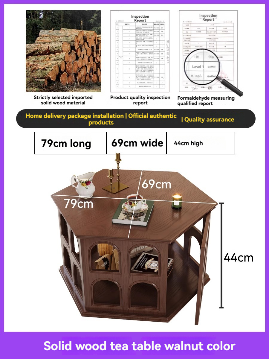 [pre order]French vintage solid wood coffee table, hexagonal openwork, antique tea table, wooden black round arch sofa side table-Smart-Living