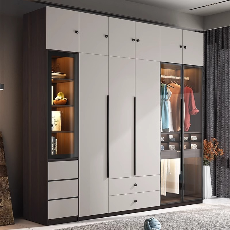 [Pre-order]  Solid wood wardrobe bedroom home with glass door modern simple open door storage cabinets light luxury wardrobe-Smart-Living