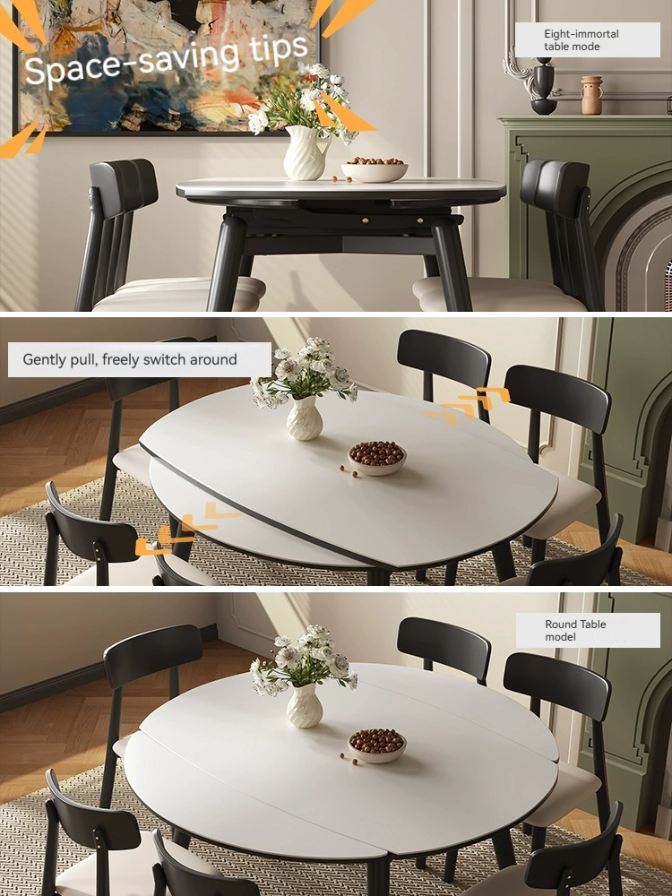 [Pre-order] Solid wood table modern simple telescopic dining table and chair combination variable round table and square dual use light rock plate table-Smart-Living