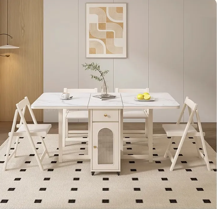 [Pre-order] Oulang Cream wind folding rock plate dining table and chairs combination rental room home small household simple movable rectangular eating-Smart-Living
