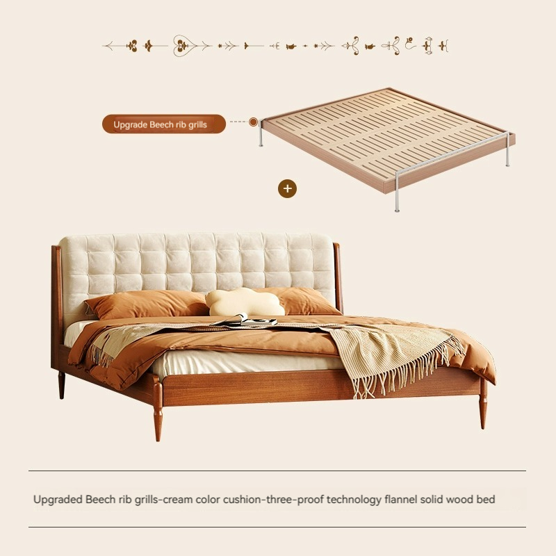 [Pre-order]  All solid wood bed, Nordic double bed, master bedroom 1.8M boxwood vintage simple 1.5M vintage small upholstered bed-Smart-Living