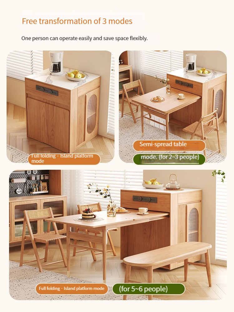 [Showroom display sample]Warner's Rock Slate Mid Island Table Folding Dining Table with One Piece Solid Wooden Legs Small Japanese Telescopic Dining Table and Chairs Set-Smart-Living