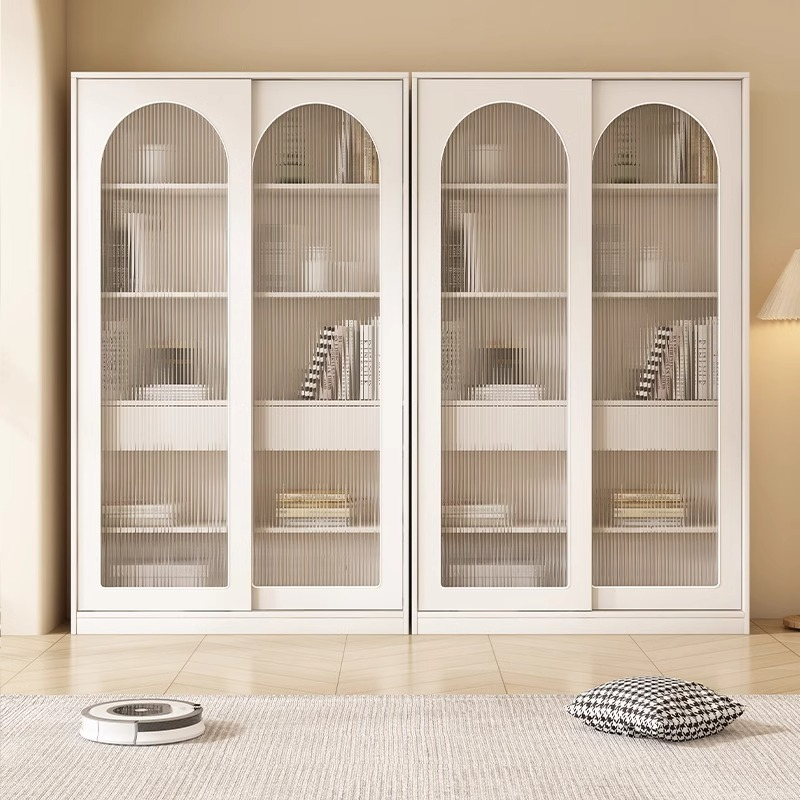 [Pre-order] Oulang living room household solid wood sliding glass door dustproof bookshelf storage simple and modern floor standing figurine display cabinet-Smart-Living