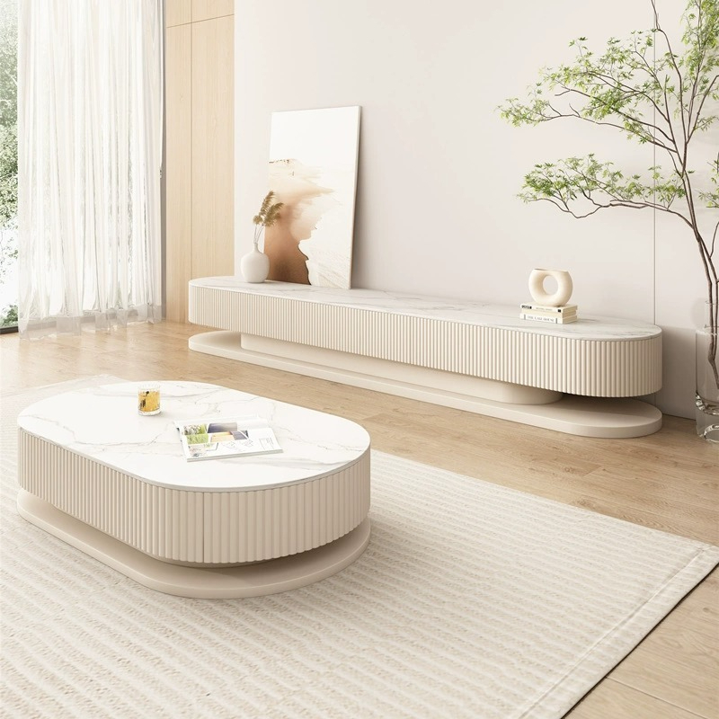 [Pre-order] Cream style coffee table living room household modern simple rock plate white round small apartment coffee table TV cabinet combination-Smart-Living