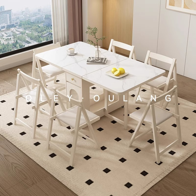 [Pre-order] Oulang Cream wind folding rock plate dining table and chairs combination rental room home small household simple movable rectangular eating-Smart-Living