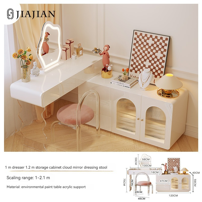 [Pre-order]  Cream style dresser storage cabinet integrated acrylic French light luxury dressing table, modern simple telescopic makeup table-Smart-Living