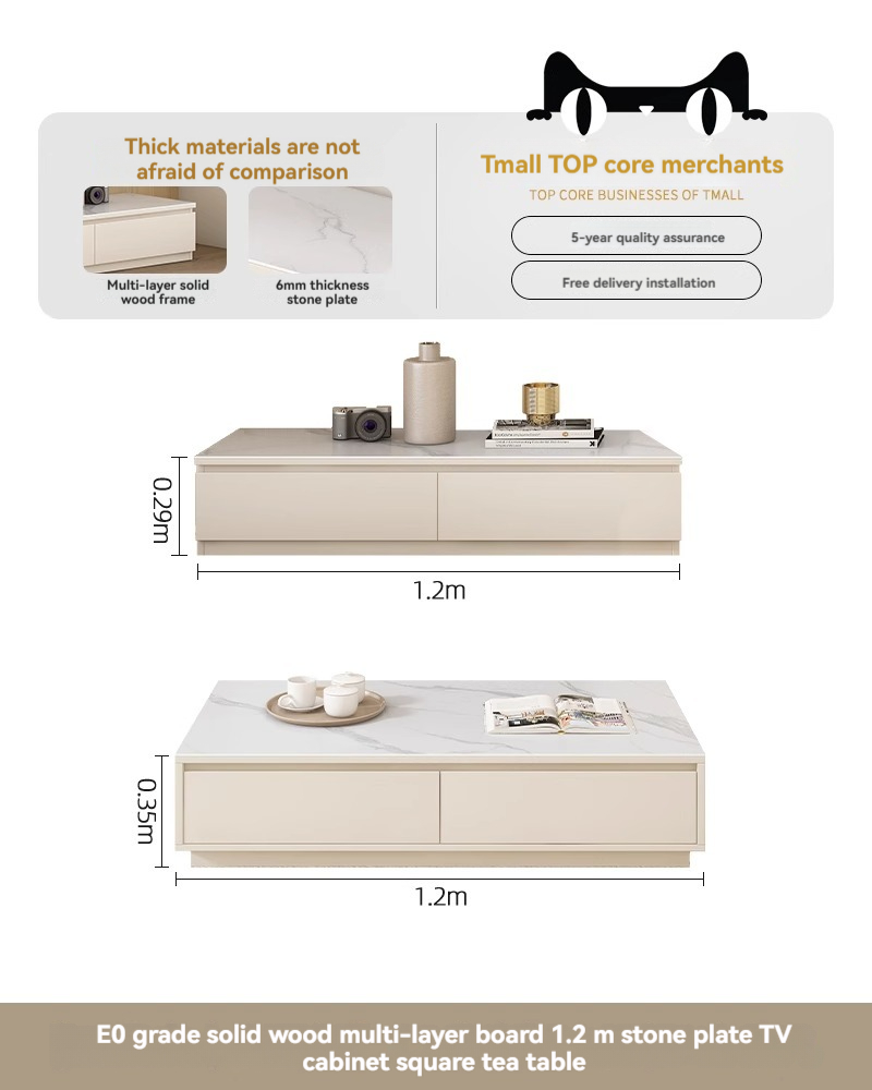 [Pre-order] Oulang 2024 Solid Wood Cream Style Slate TV Cabinet Coffee Table Combo Small Household Modern Simple White Living Room TV Cabinet-Smart-Living