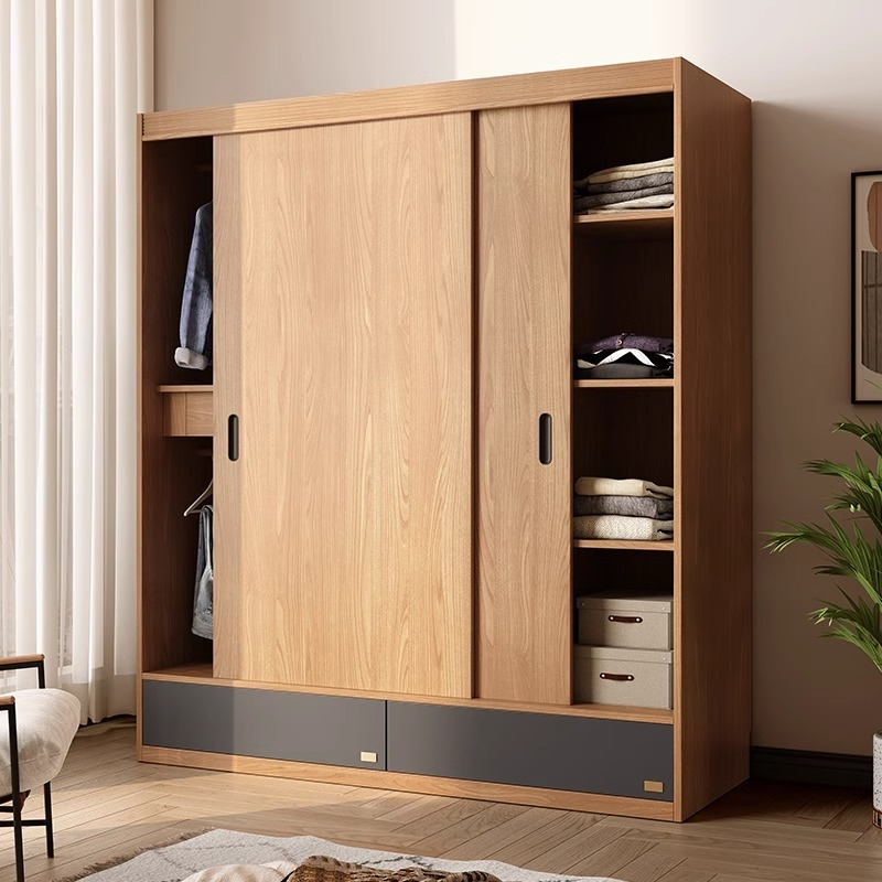 [Pre-order] Sliding door wardrobe bedroom household small apartment modern simple Japanese original wood color shift door master bedroom wardrobe locker-Smart-Living