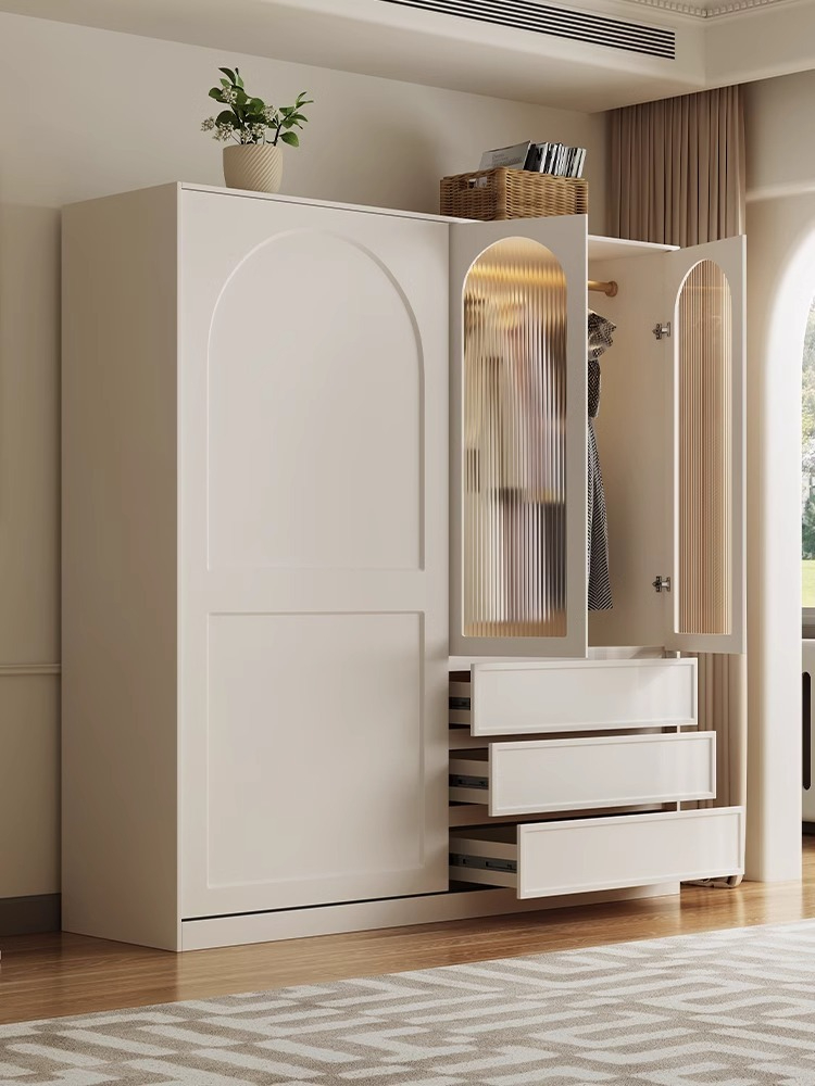【Pre-order】French cream style wardrobe sliding door modern simple household bedroom sliding door solid wood multi-layer board storage closet-Smart-Living