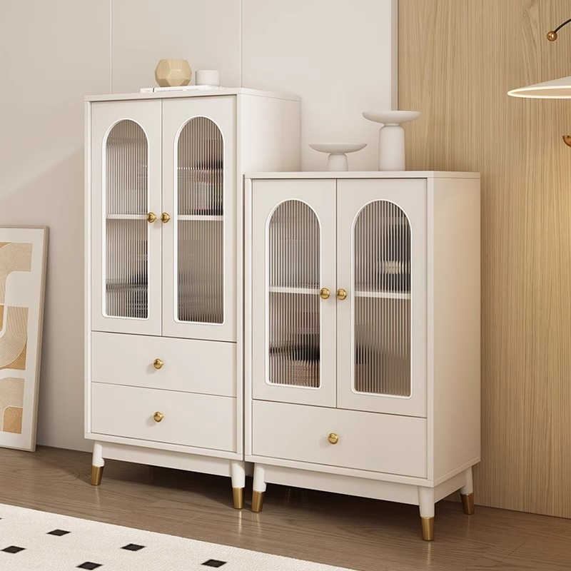 [Pre-order] Oulang Cream style living room, solid wood wine cabinet, display cabinet, integrated against the wall, simple modern glass sideboard, storage cabinet-Smart-Living