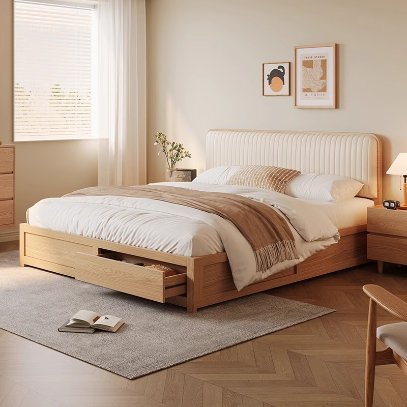 [pre-order]Modern and minimalist small-sized high box storage bed, double bed, master bedroom, wooden air pressure box type solid wood panel bed-Smart-Living