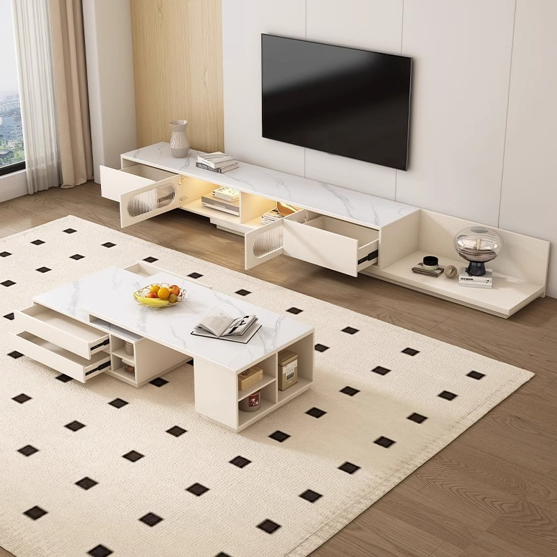 [Pre-order] Oulang 2024 New Solid Wood Rock Slab Retractable TV Cabinet Coffee Table Combination Modern Simple Floor Cabinet White Floor Cabinet-Smart-Living