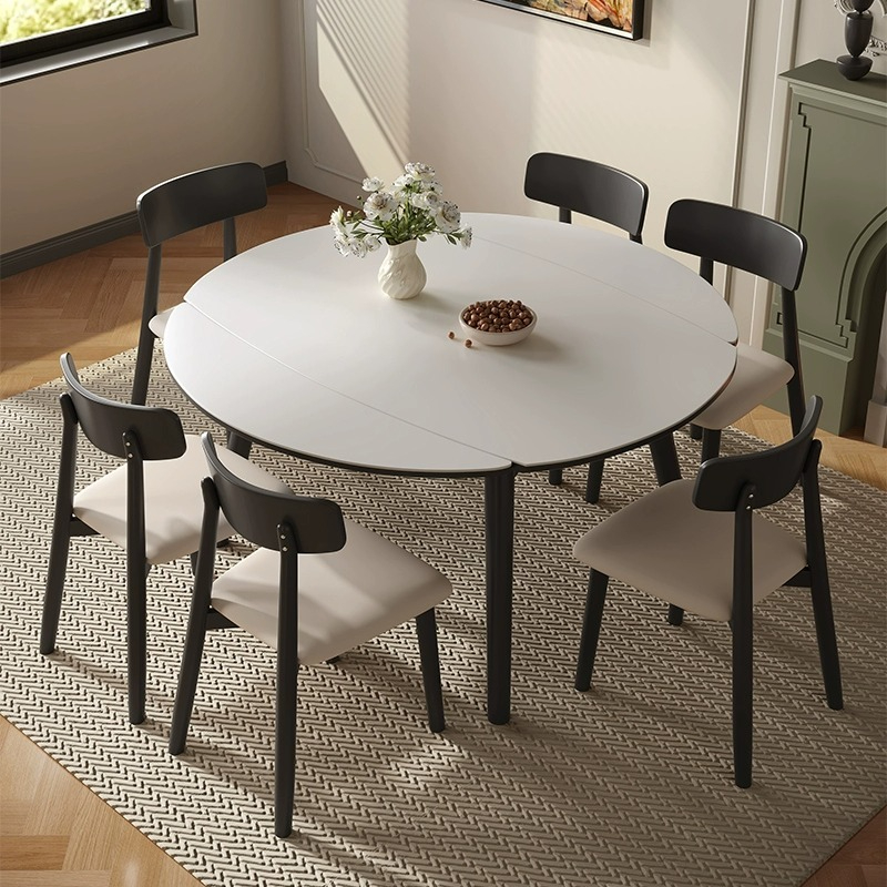 [Pre-order]  Solid wood dining table: modern simple telescopic dining table and chair combination, variable round table, square and round dual-purpose bright stone slate dining table-Smart-Living