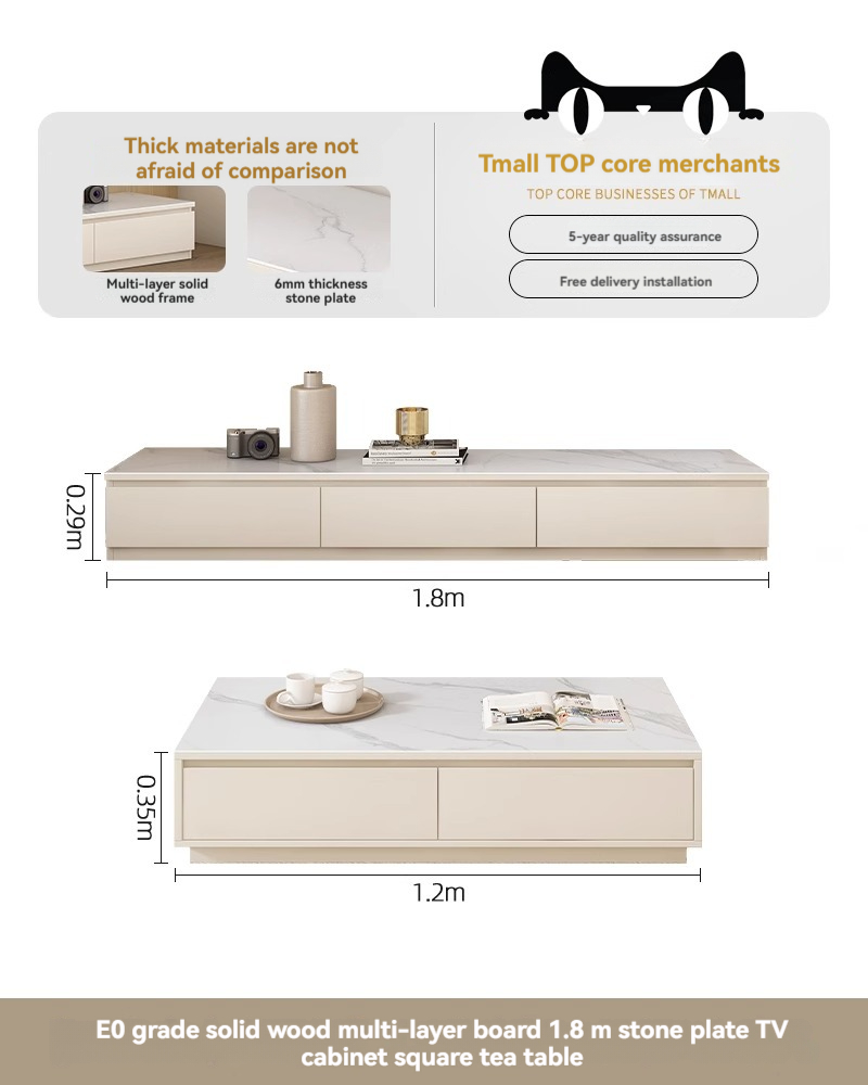 [Pre-order] Oulang 2024 Solid Wood Cream Style Slate TV Cabinet Coffee Table Combo Small Household Modern Simple White Living Room TV Cabinet-Smart-Living