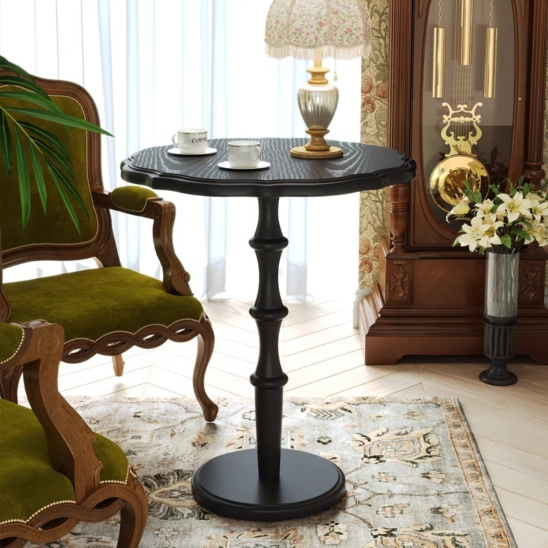 [pre order]French vintage solid wood small round table, mini coffee table, black bedside corner, small negotiation table-Smart-Living