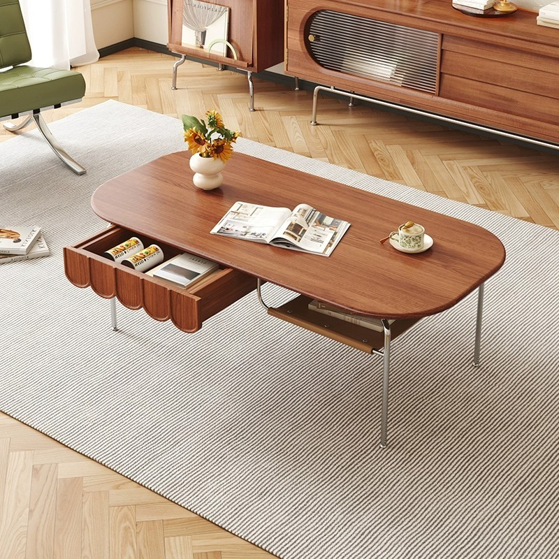 [Pre-order]  Solid wood coffee table, living room table, household small house, vintage Nordic stilt tea table, long oval simple storage tea table-Smart-Living