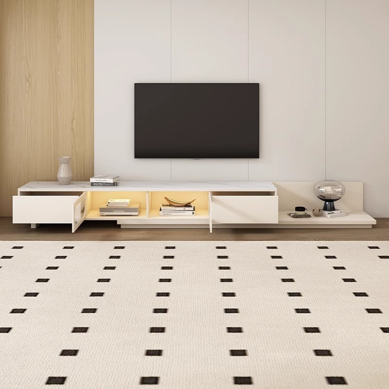 [Pre-order] Oulang 2024 New Solid Wood Rock Slab Retractable TV Cabinet Coffee Table Combination Modern Simple Floor Cabinet White Floor Cabinet-Smart-Living