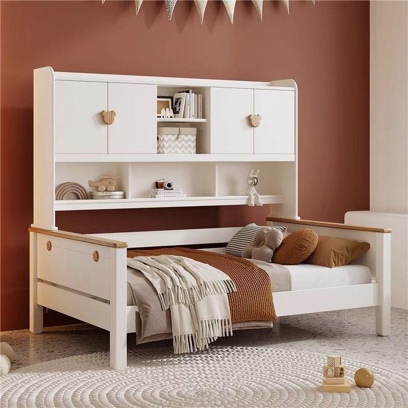 Cream style children's solid wood wardrobe bed white 1.2m 1.35m 1.5m men's and girls' bedroom bookshelf combination bed-Smart-Living