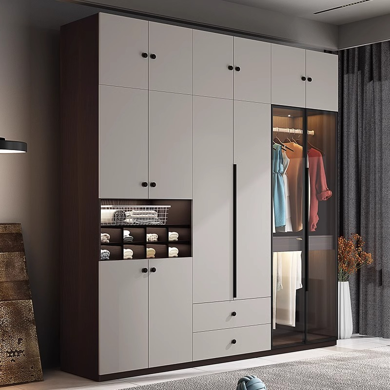 [Pre-order]  Solid wood wardrobe bedroom home with glass door modern simple open door storage cabinets light luxury wardrobe-Smart-Living