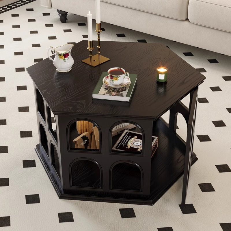 [pre order]French vintage solid wood coffee table, hexagonal openwork, antique tea table, wooden black round arch sofa side table-Smart-Living