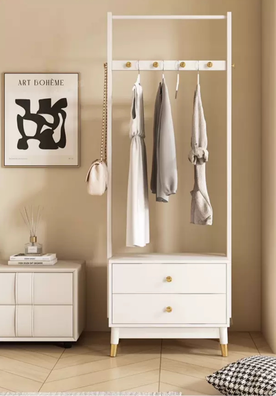 [Pre-order] Oulang 2024 solid wood cream style floor standing multifunctional coat rack, simple and modern home bedroom hanging clothes rack storage-Smart-Living