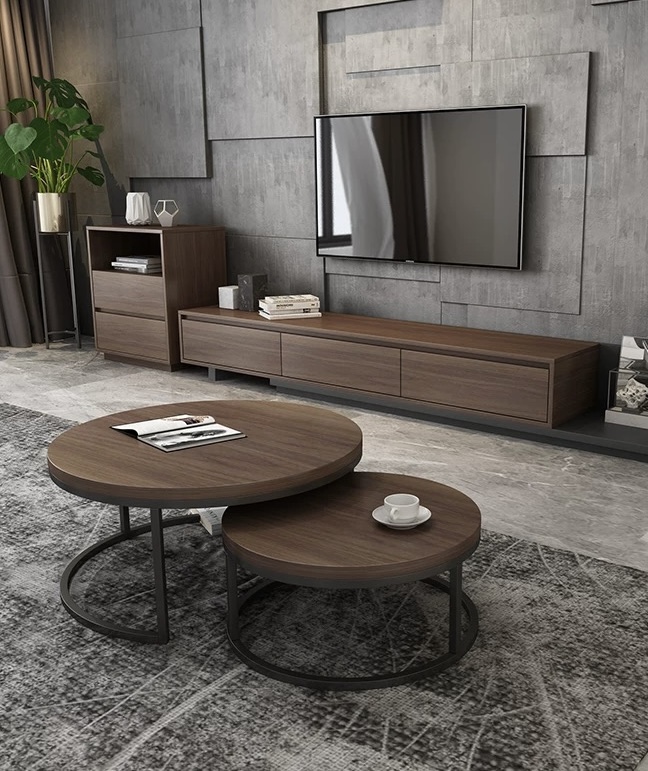 [Pre-order] Oulang Scandinavian living room walnut colour round net red coffee table modern small household TV cabinet and coffee table combination-Smart-Living