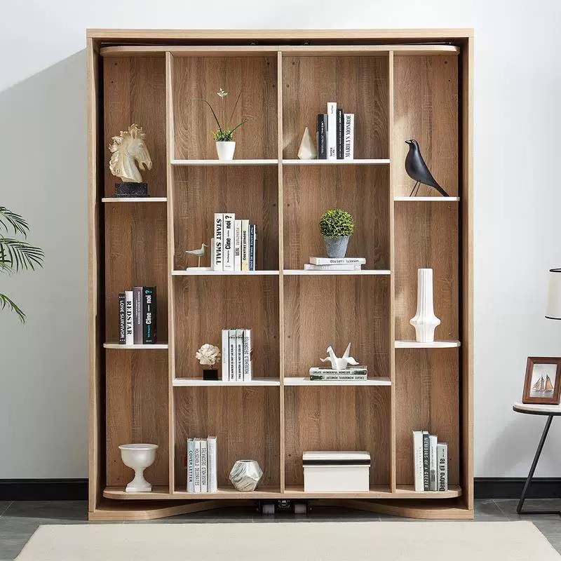  Pre order Rotating Solid Wood Murphy Bed with Bookshelf & Cabinet – Space Saving Hidden Bed System